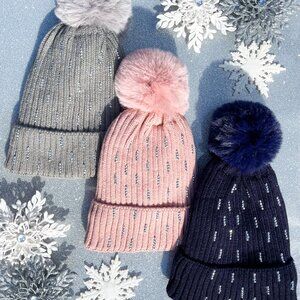 Silver Rhinestone Faux Fur Pom Pom Winter Ski Beanie
